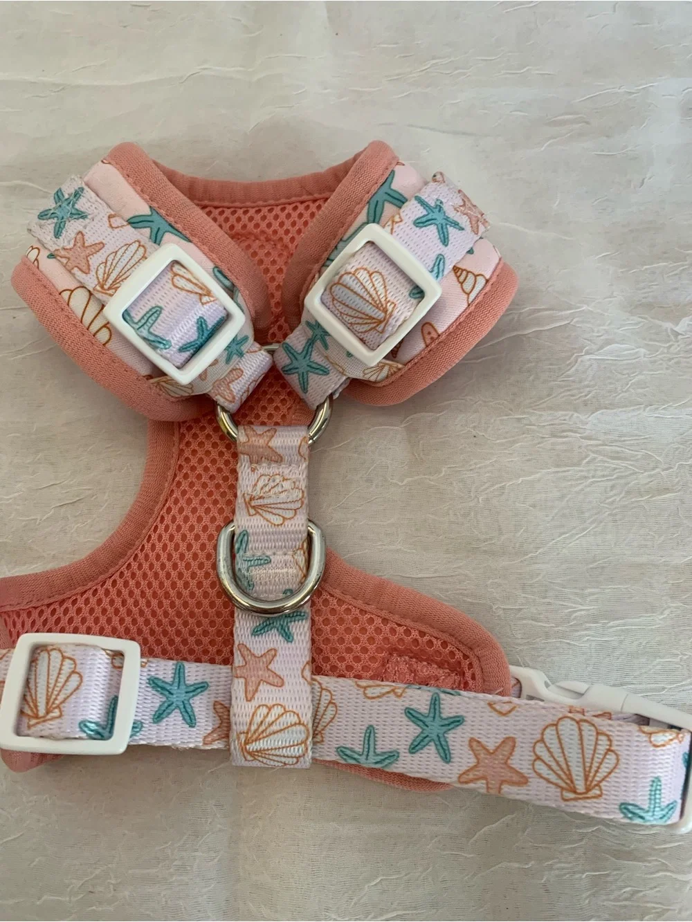 Harli & Me soft pet harness pastel pink with a seaside pattern